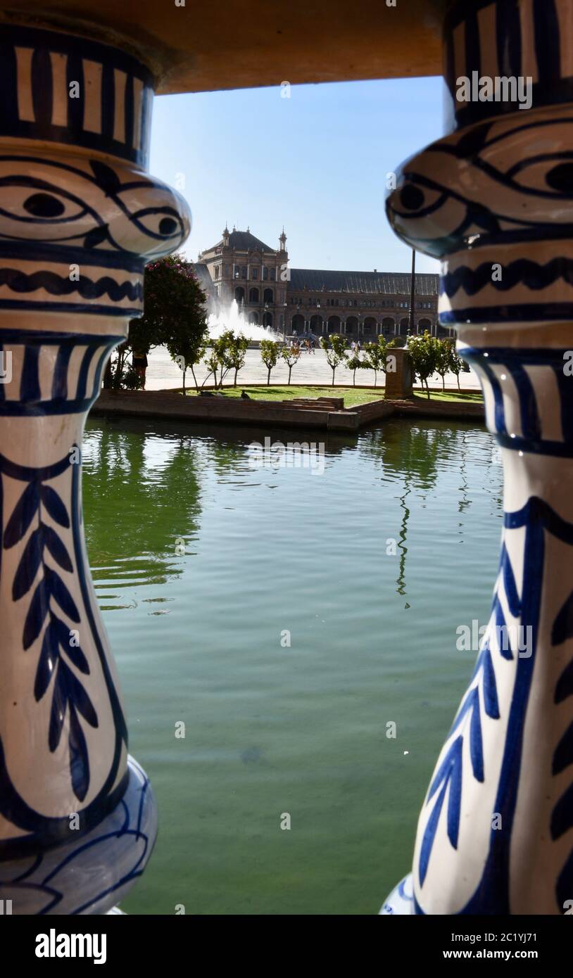 Views of Plaza España between columns, Seville Stock Photo
