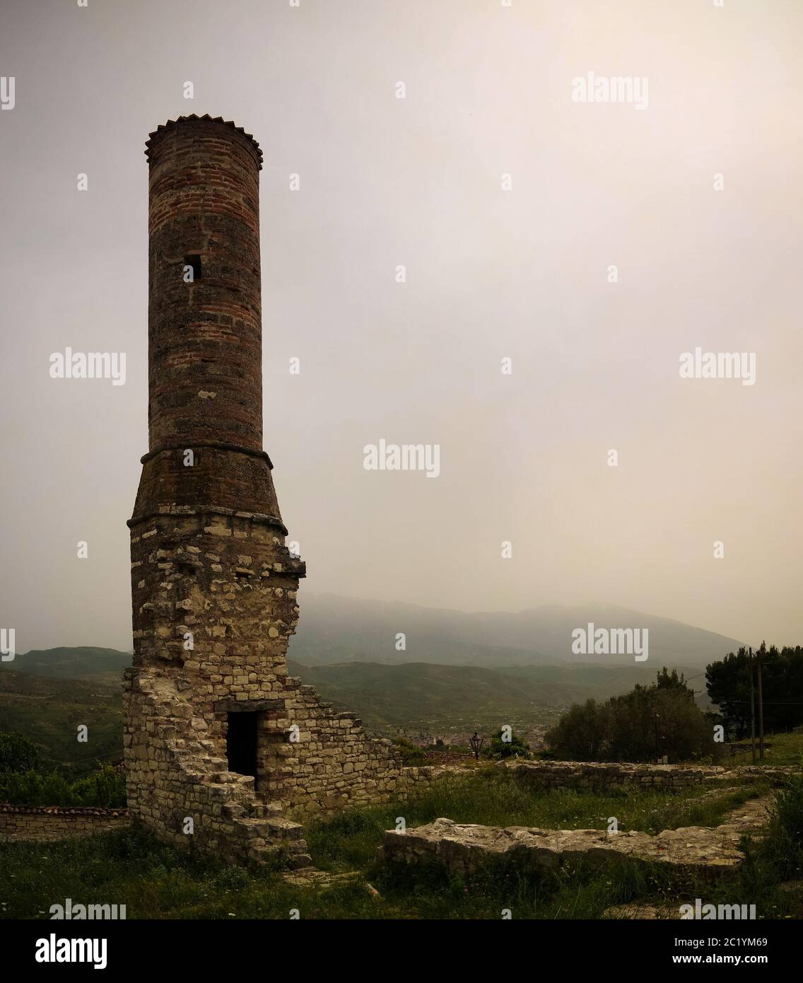 Exterior view to ruined Xhamia e Kuqe aka Red Mosque at Berat fortress, Berat, Albania Stock Photo