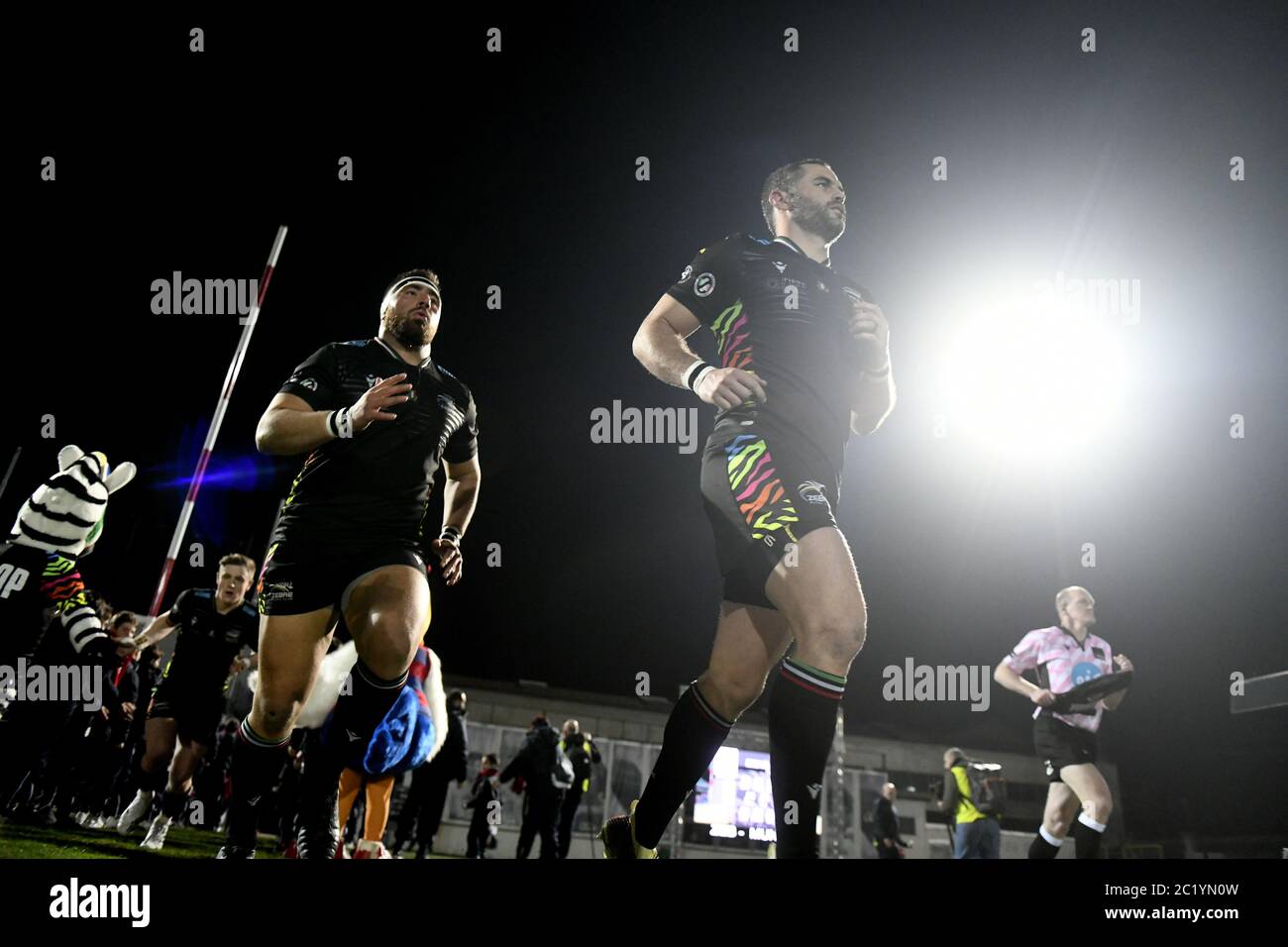 Munster's rugby players enter in the pitch during a Guinness Pro 14 match in Legnano. Stock Photo