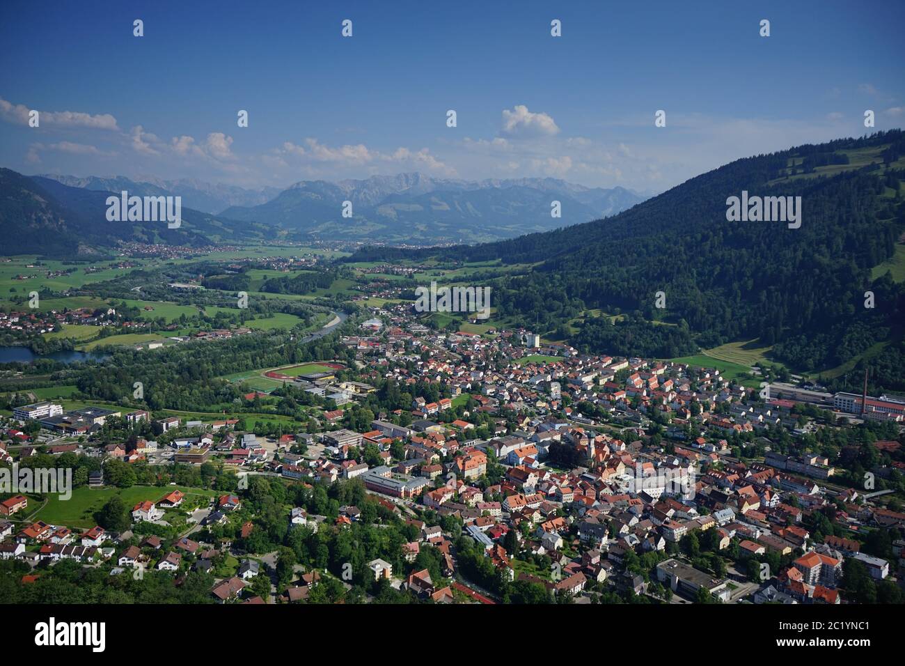 Aerial view of landscape in the AllgÃ¤u with villages, lakes and ...
