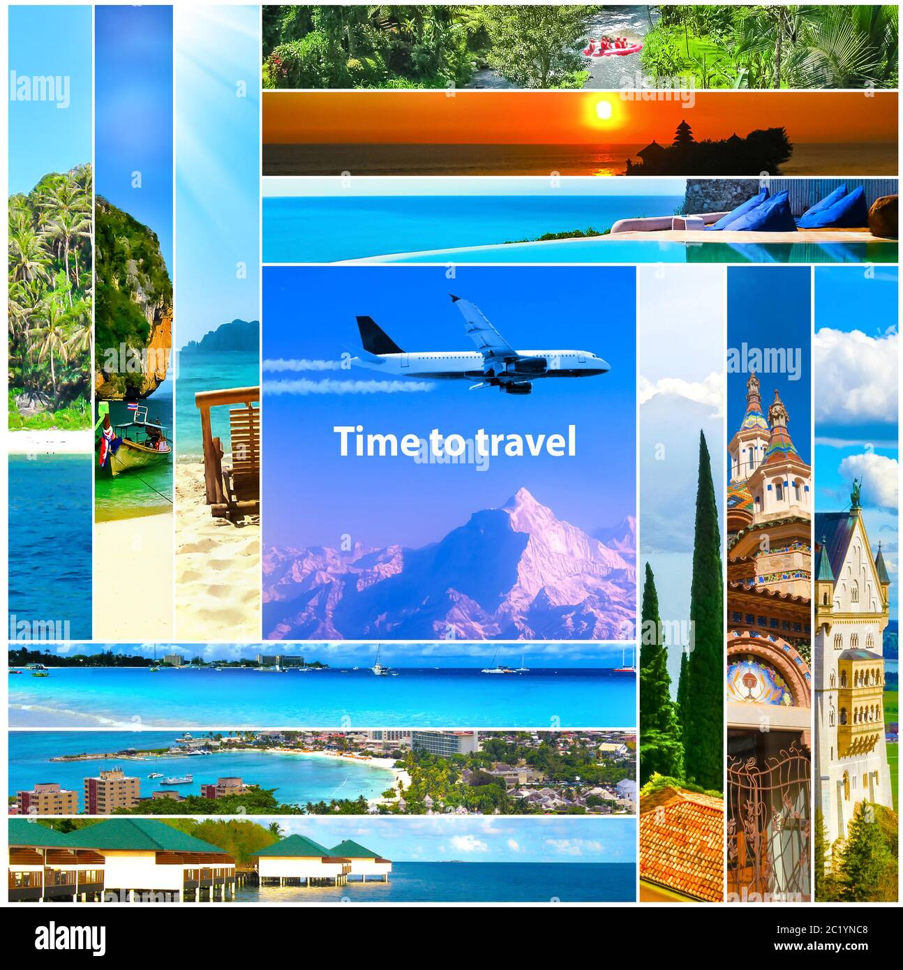 Tour packages and time to travel concept. Collage with aircraft Stock Photo