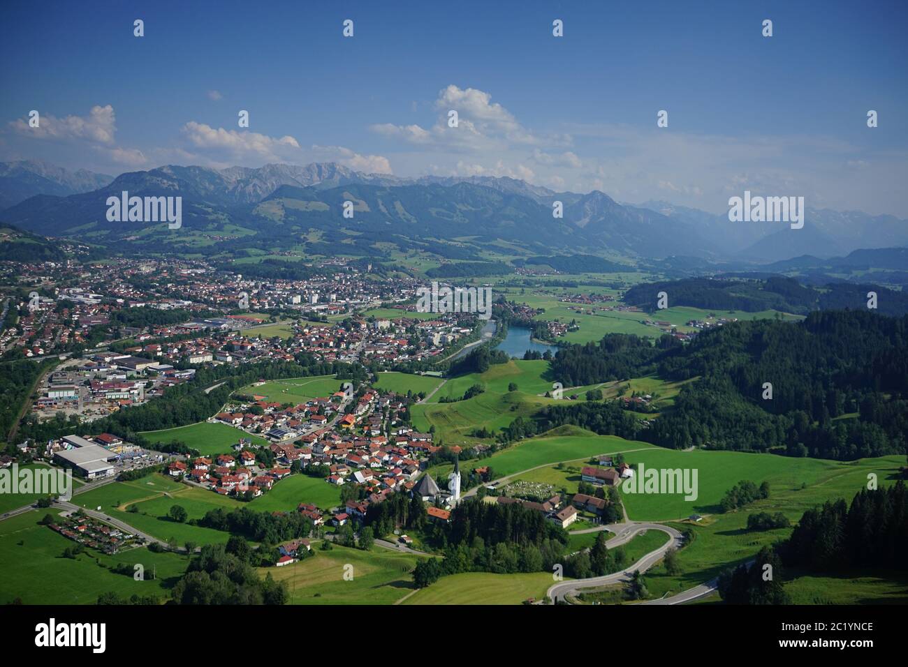 Aerial view of landscape in the AllgÃ¤u with villages, lakes and ...