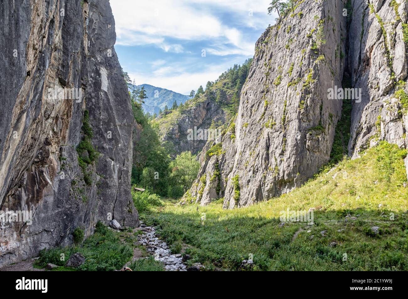 a small stream flows between the mountains and flows into the river Stock Photo