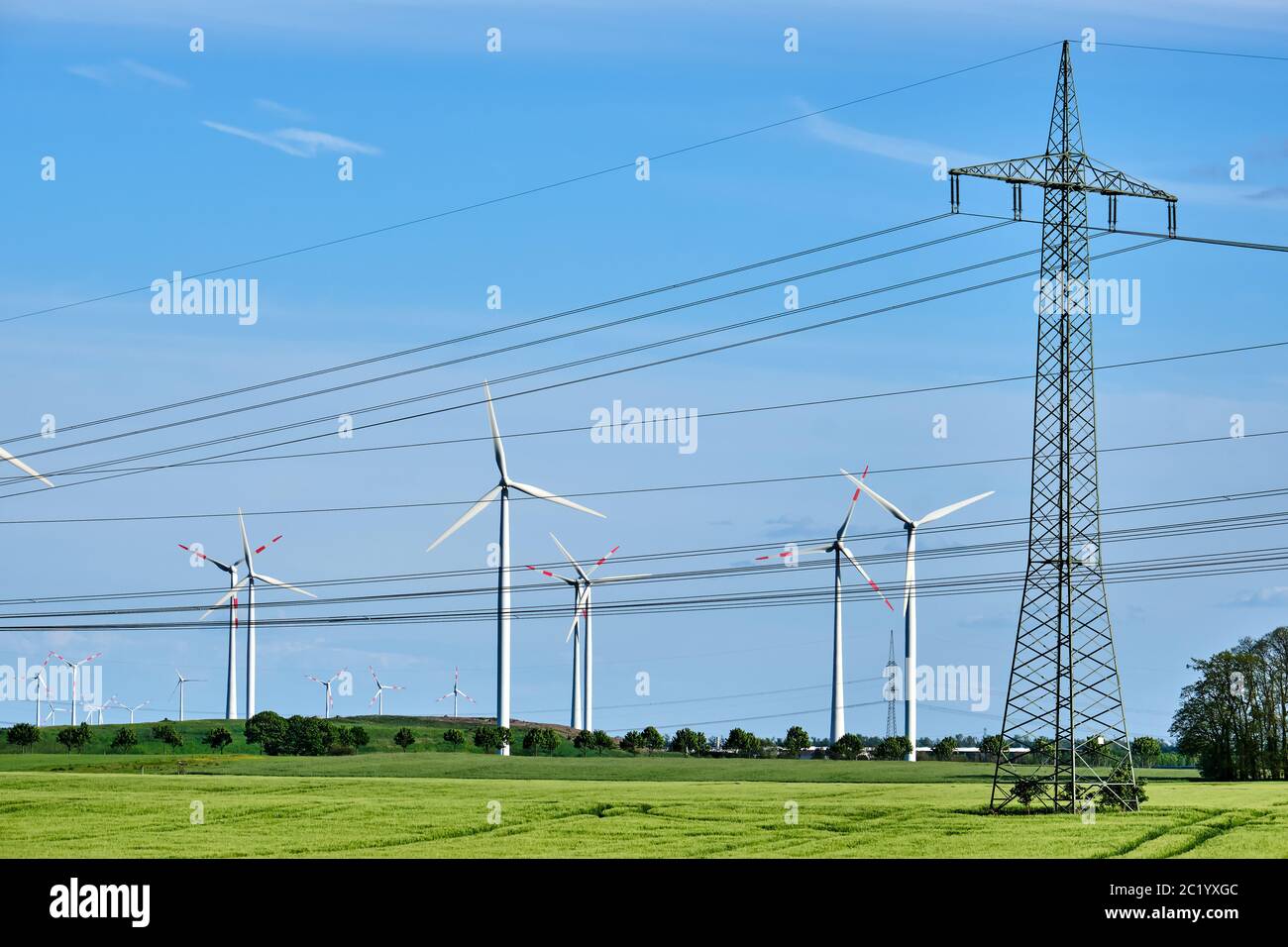 Wind wheels and power lines in a corn field in rural Germany Stock Photo