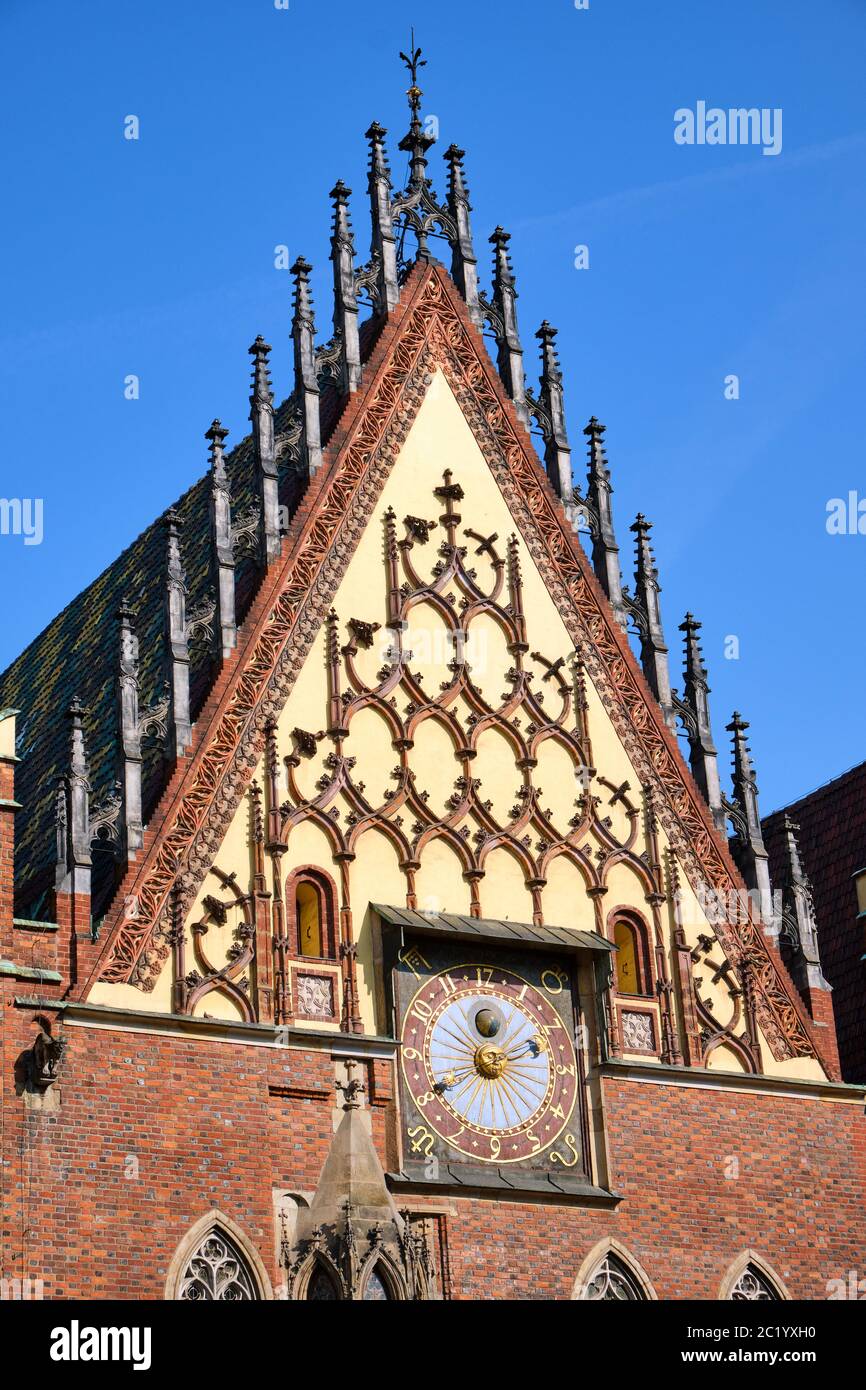 Detail of the Old Town Hall of Wroclaw, Poland, with the Astronomical clock Stock Photo