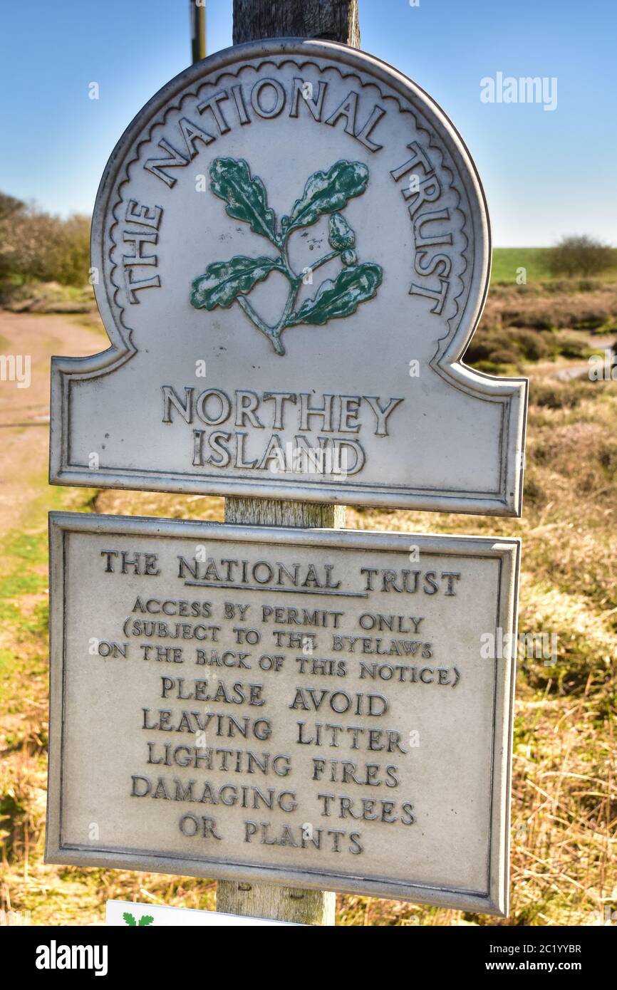 National Trust Sign at Northey Island near Maldon, Essex, UK Stock Photo