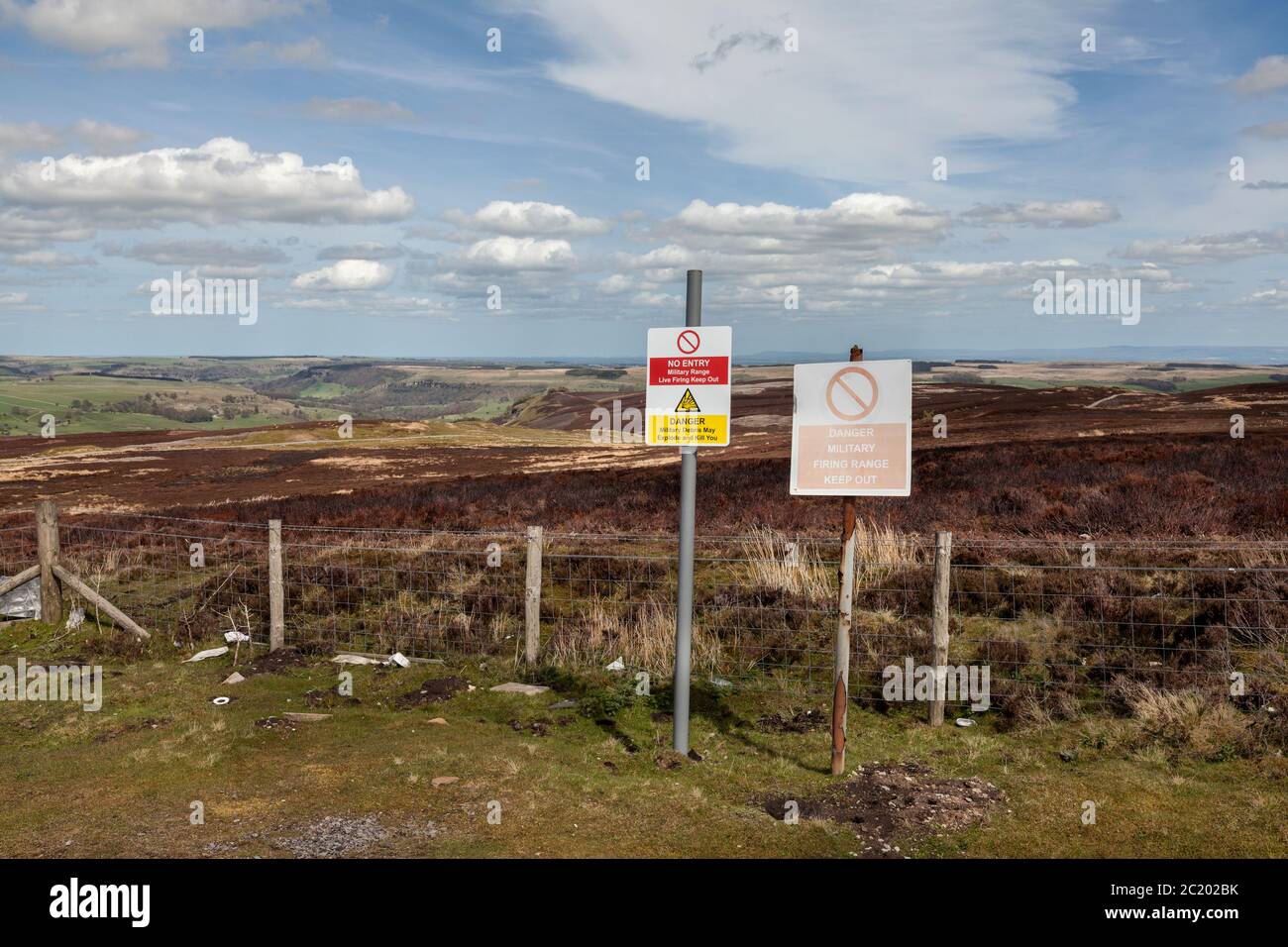 Firing Range Warning Signs, Stainton Moor, Grinton, Yorkshire Dales, England Stock Photo