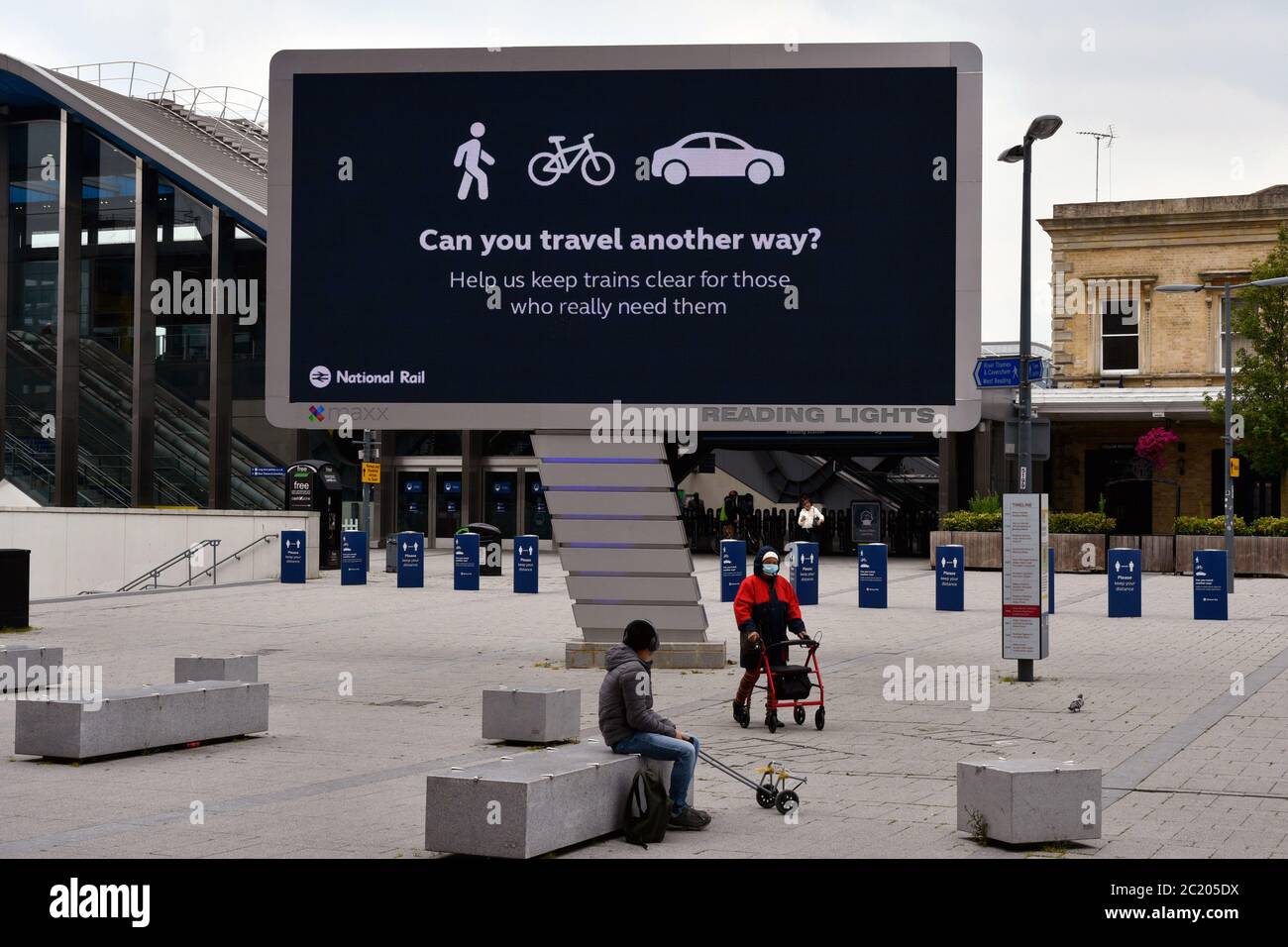 Large signage outside Reading Station showing new station pedestrian area. Easing of Coronavirus lockdown, UK 12 June 2020 Stock Photo