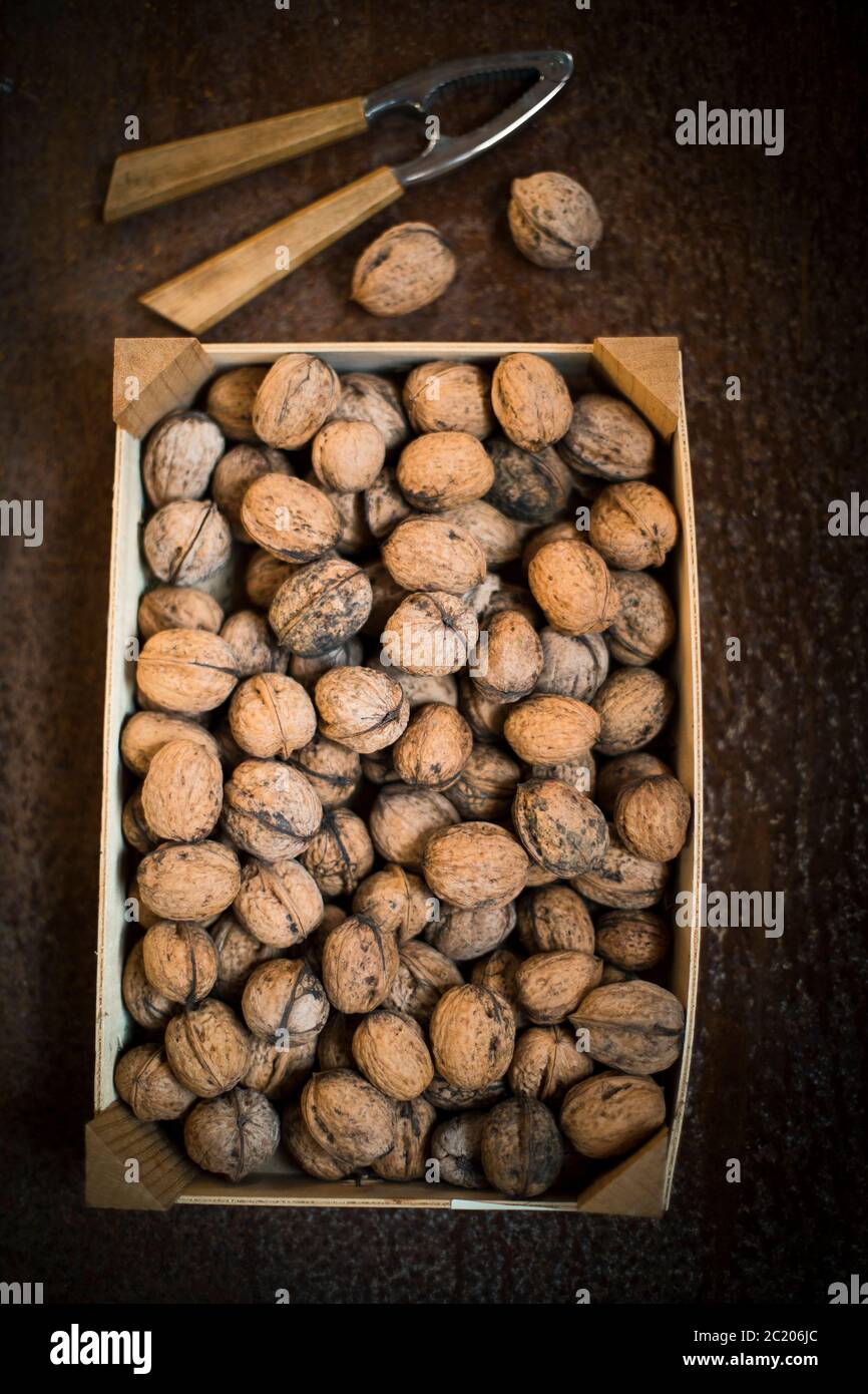 several walnuts with a nutcracker in a wooden box on a wooden table, topview Stock Photo