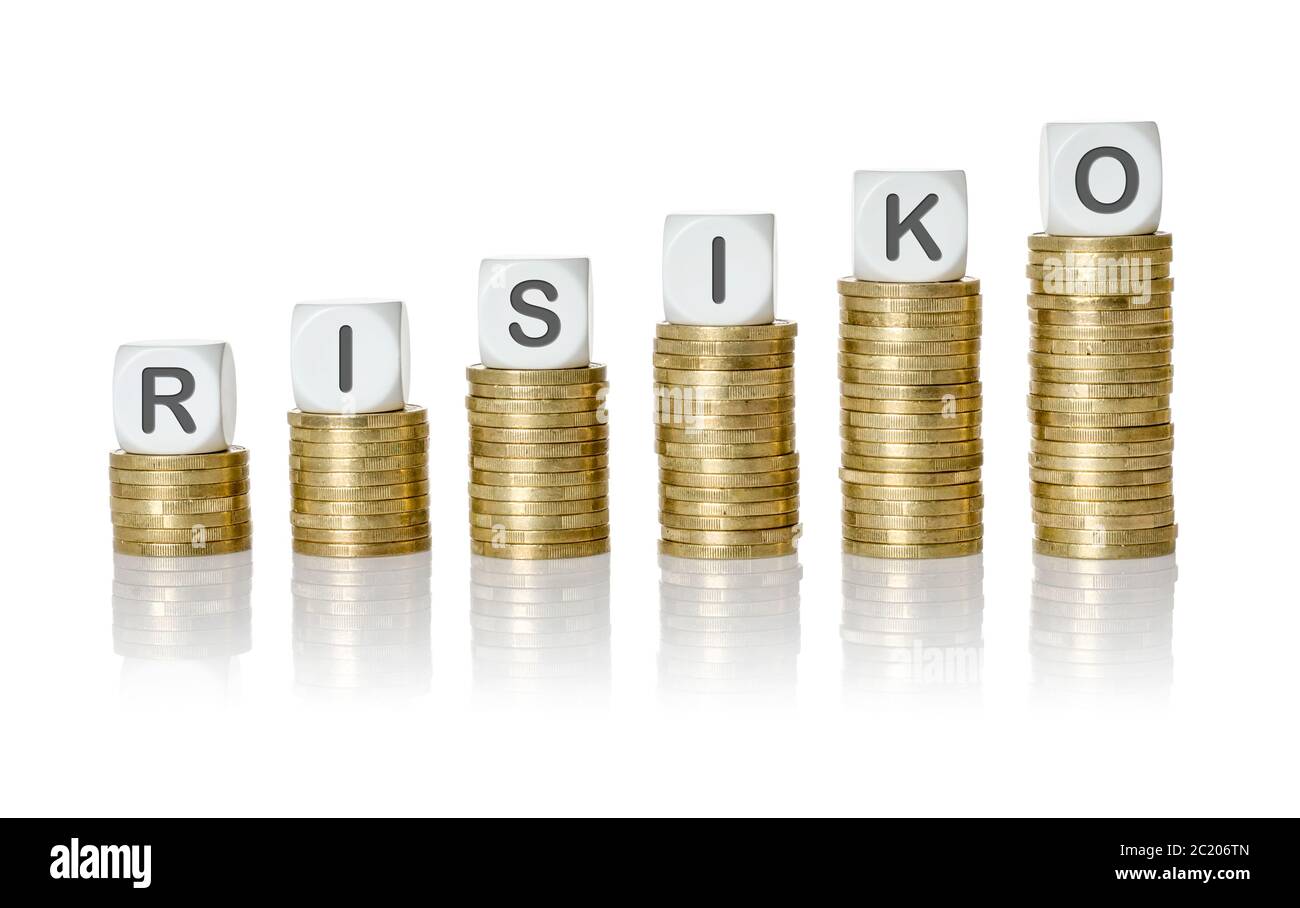 Coin stacks with letter dice - Risk - Risiko German Stock Photo