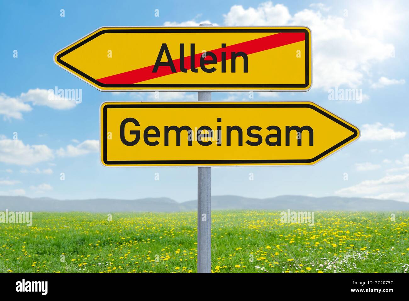 Two direction signs - Alone or Together - Allein oder Gemeinsam (german) Stock Photo