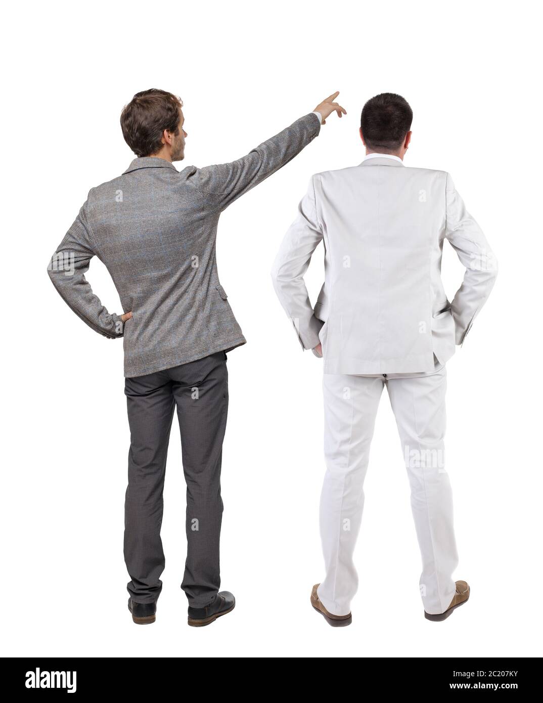 Back view of two business men in suit pointing. Rear view people