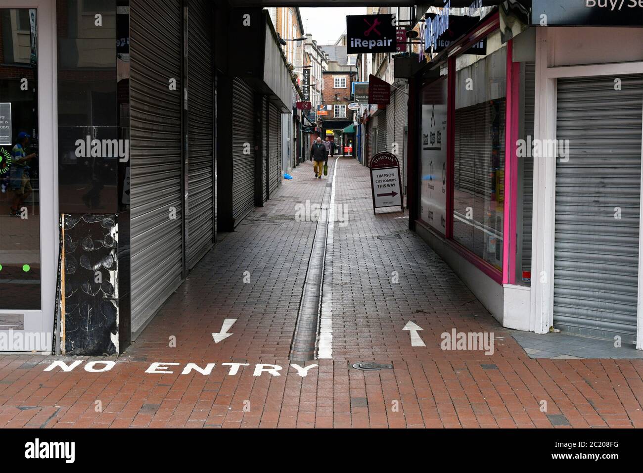 Union Street, also known as Smelly Alley, marked out for pedestrians. Easing of Coronavirus lockdown, Reading, UK 12 June 2020 Stock Photo