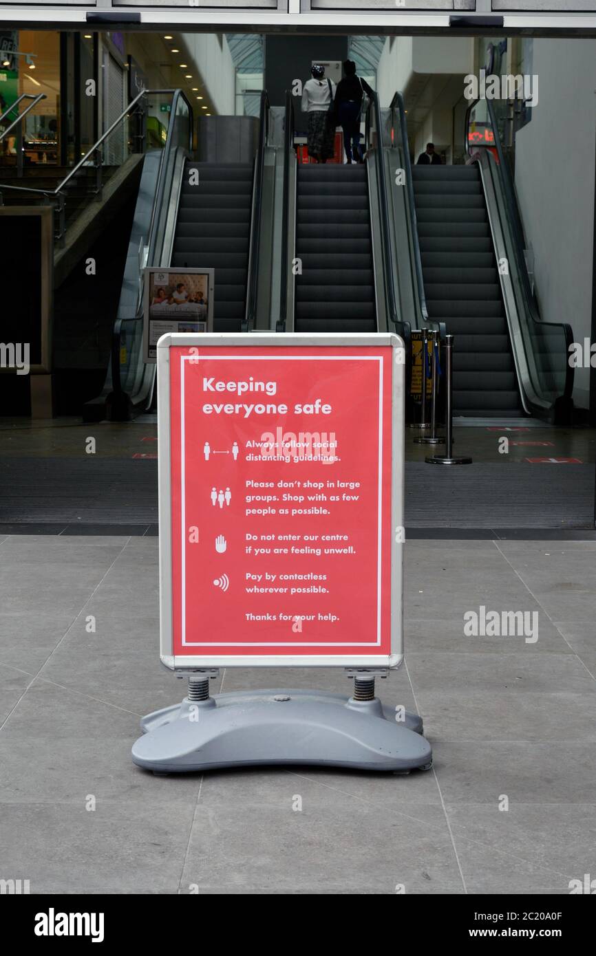 Keep Safe sign in front of Oracle Shopping Centre. Easing of Coronavirus lockdown, Reading, UK 12 June 2020 Stock Photo