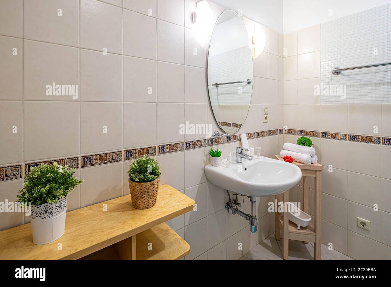 Modern interior of spacious bathroom. Light beige tile. Flowers on the wooden shelves. White sink with mirror. Stock Photo