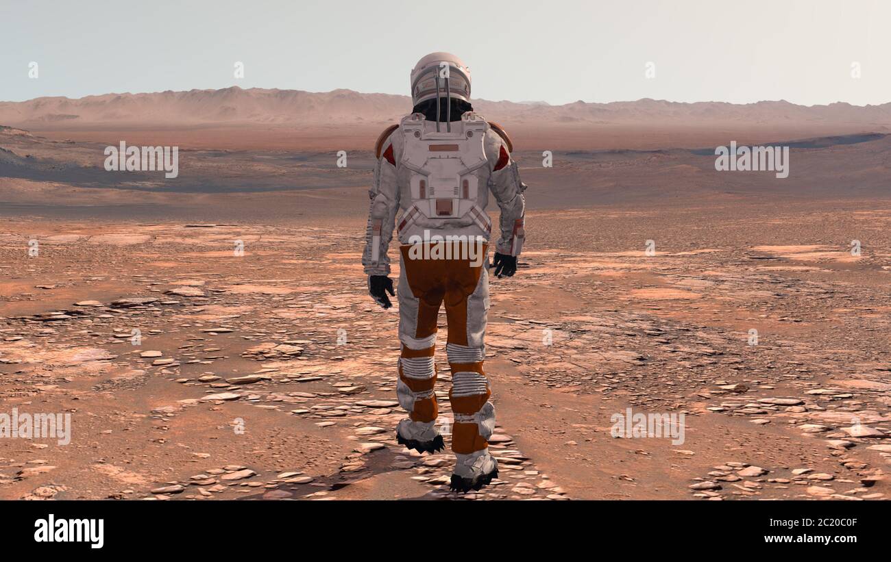 Astronaut Wearing Space Suit Walking On The Surface Of Mars. Exploring