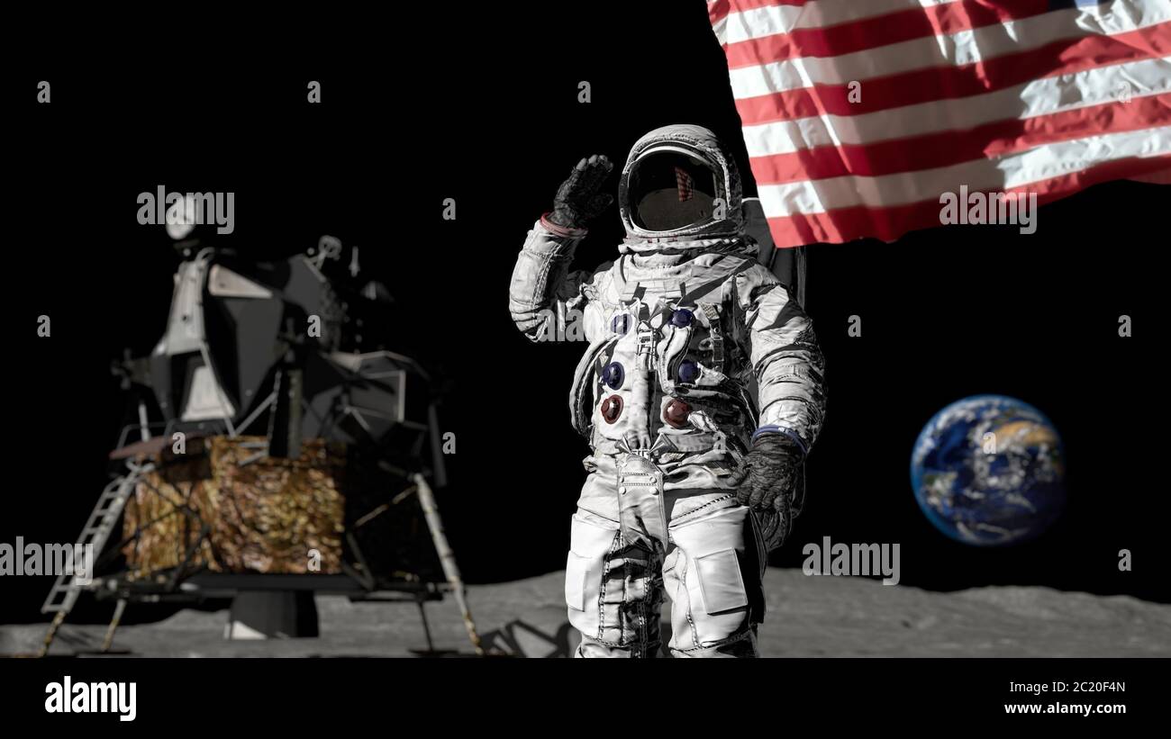 3D rendering. Astronaut saluting the American flag. CG Animation ...