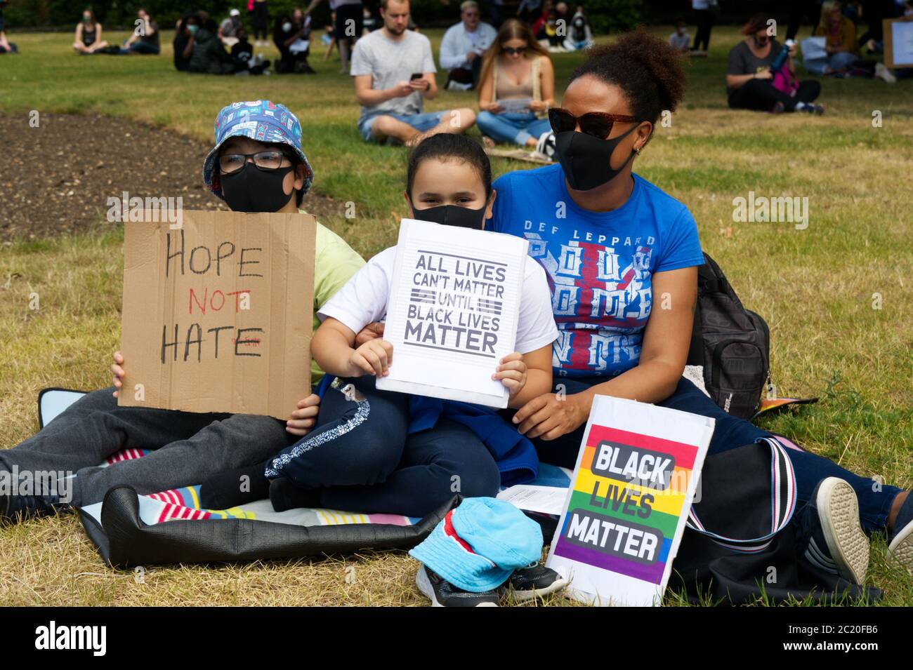 Black Lives Matter protest in Forbury Park, Reading UK UK 13 June 2020. Following George Floyd's murder by white police in Minneapolis at the end of M Stock Photo