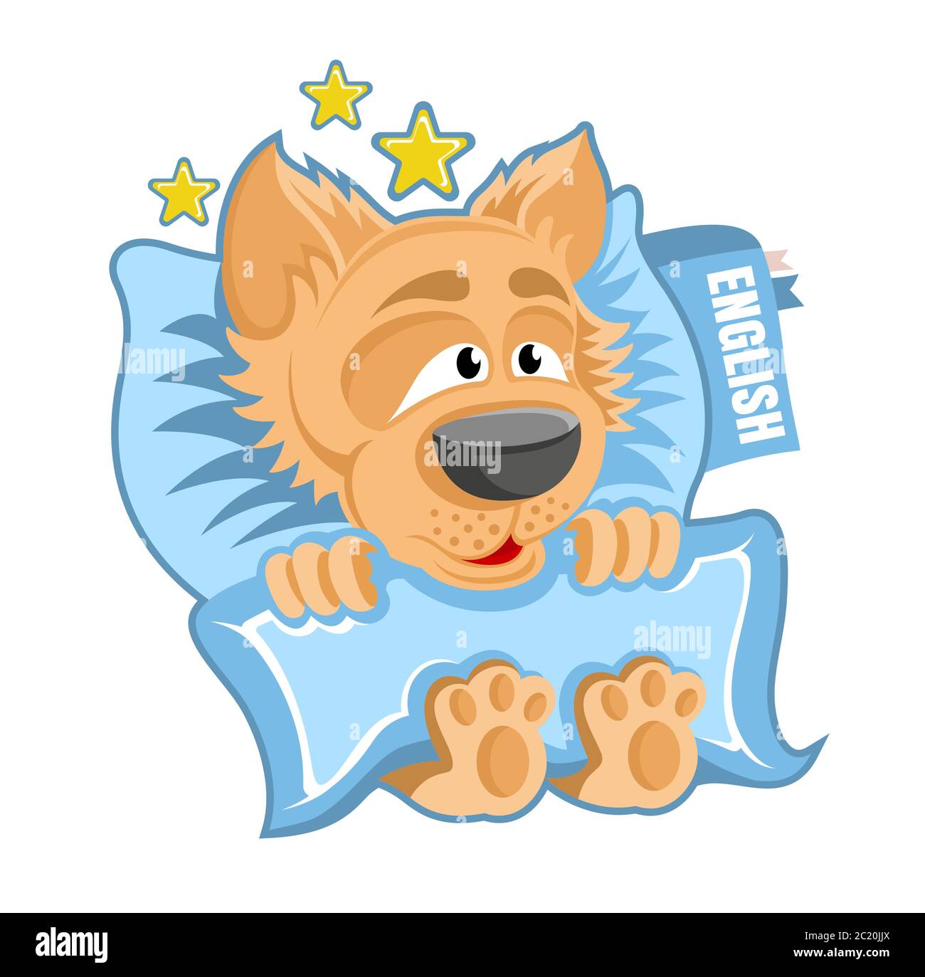 Character brown dog in the bed with book under the pillow in cartoon style on white. Stock Vector