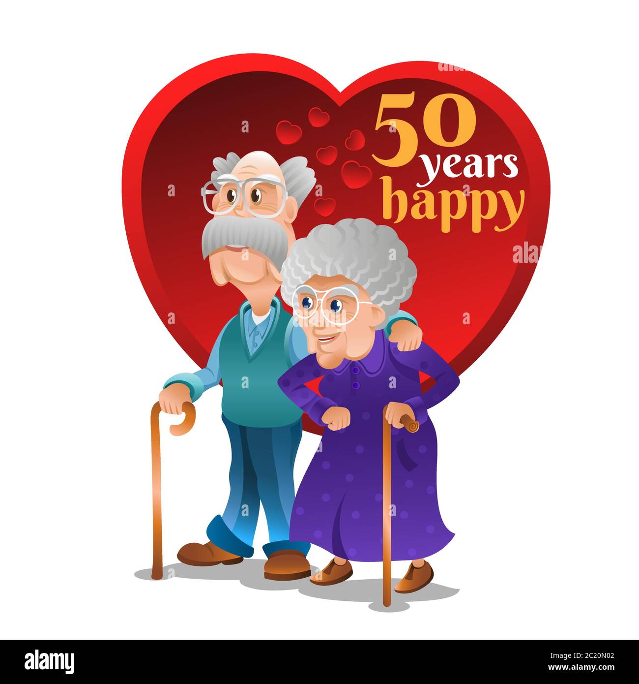 Grandpa huged grandma on big red heart background. Grandmother and grandfather celebrating long-term relationship. Golden jubilee or golden wedding an Stock Vector