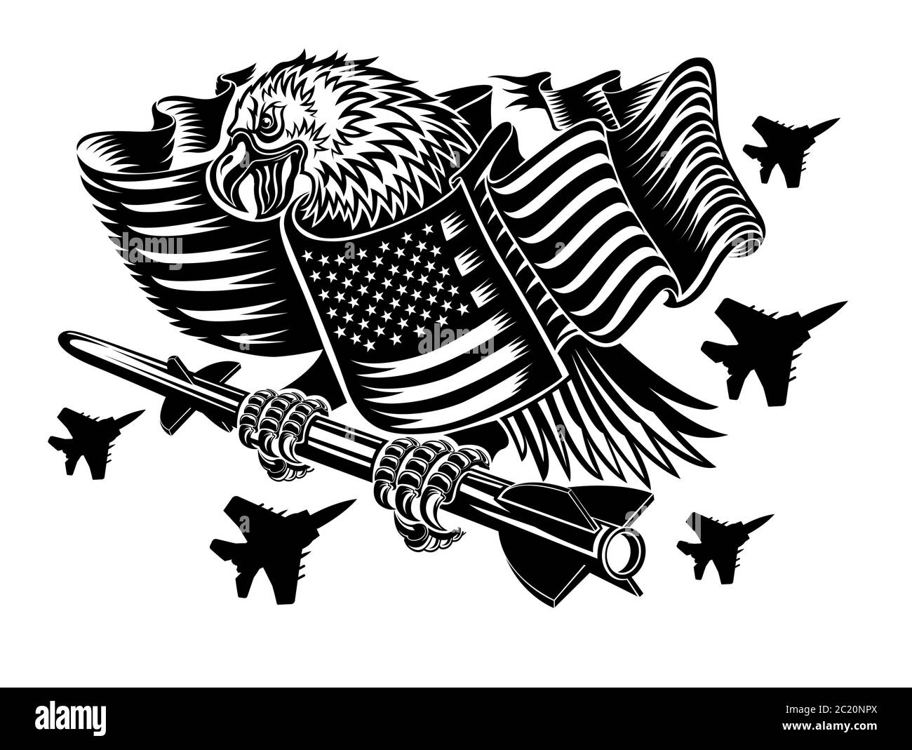 Eagle wrapped up in american flag with reactive missile in his claws. Stock Vector
