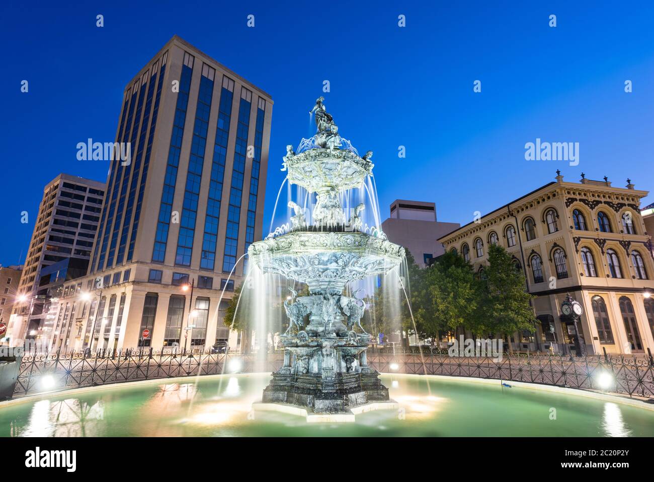 Montgomery, Alabama, USA fountain and downtown cityscape at twilight