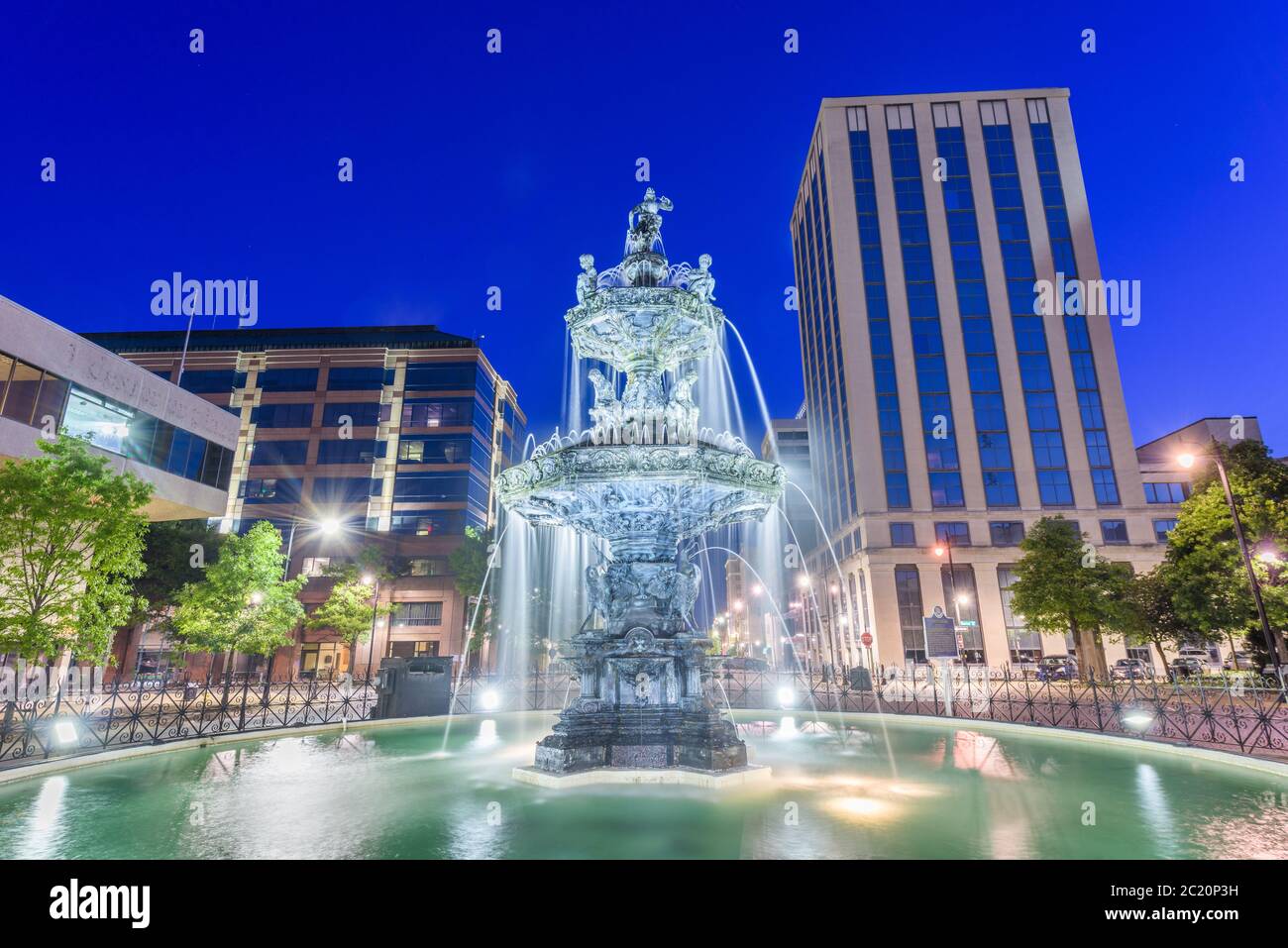 Montgomery, Alabama, USA fountain and downtown cityscape at twilight