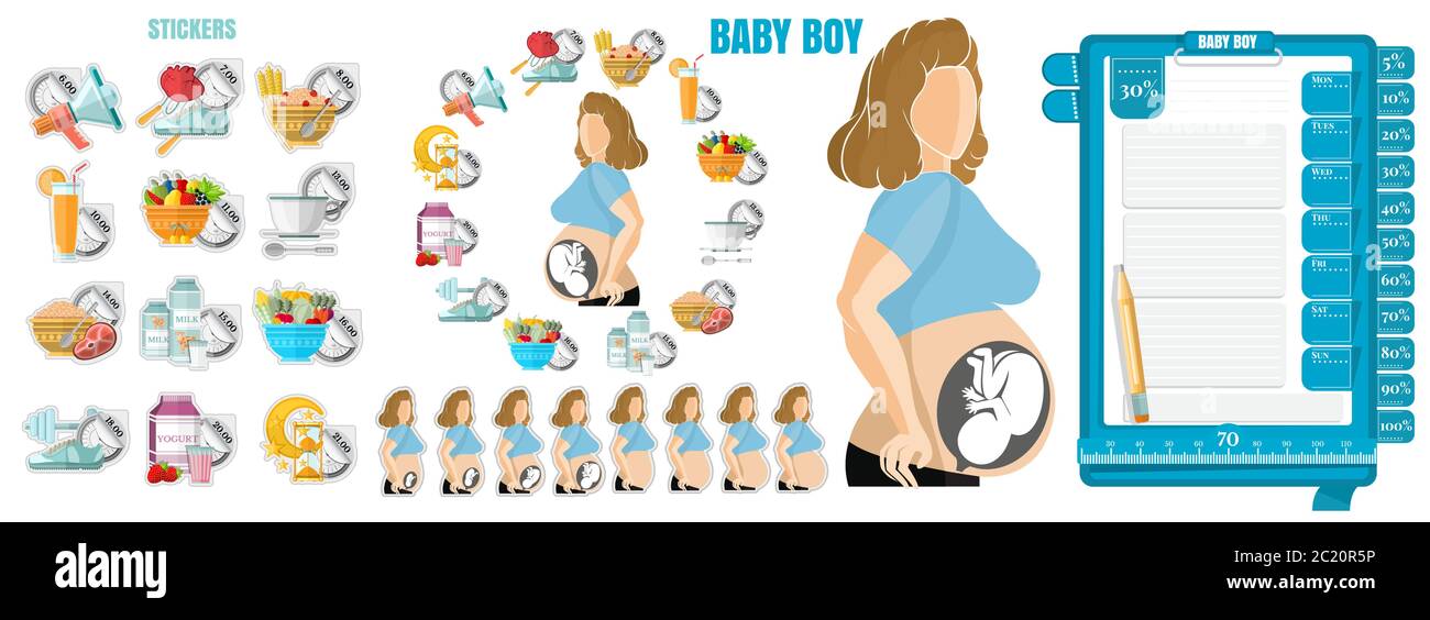 Health diary for pragnant woman. Woman Pregnant baby boy with her