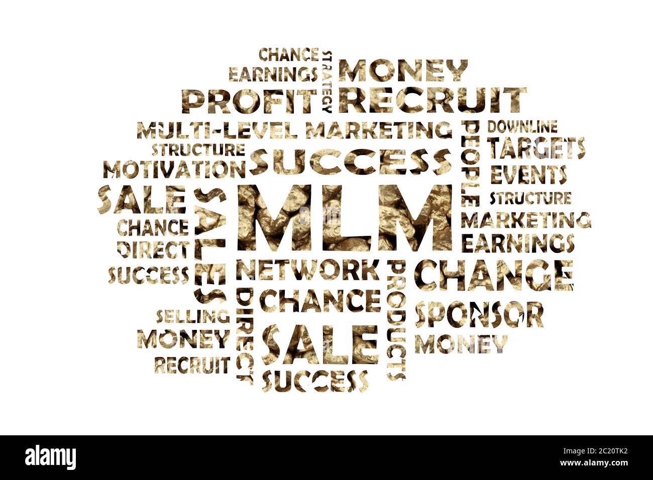 Word cloud with golden keywords out of the area mlm, network marketing and direct sales Stock Photo
