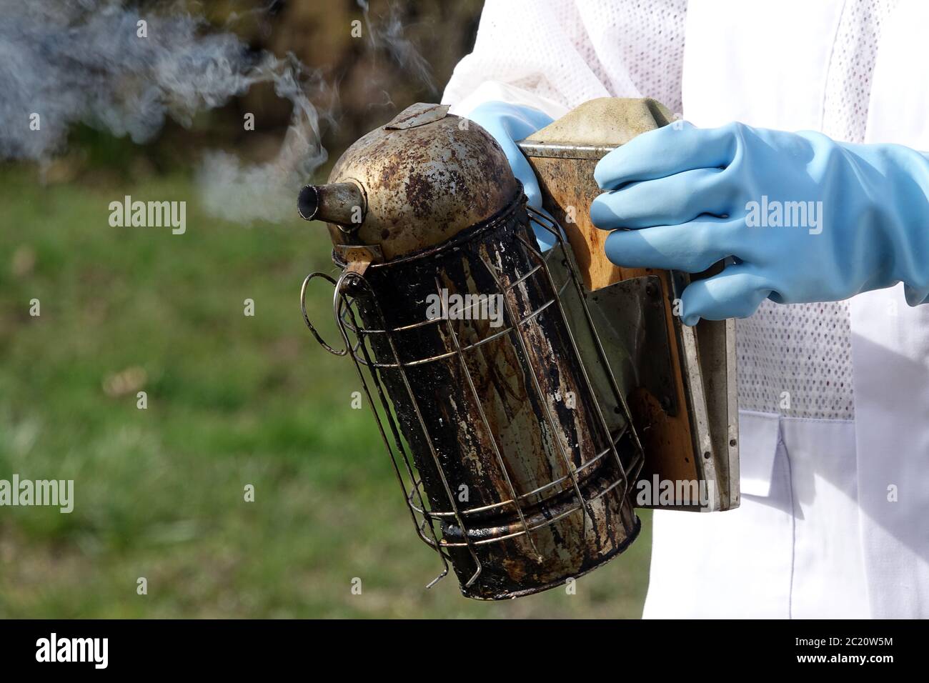 Beekeeper with smoker Stock Photo