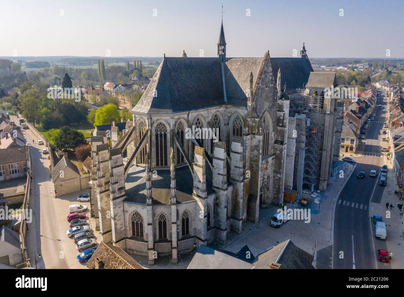 France, Loiret, Loire Valley listed as World Heritage by UNESCO, Clery Saint Andre, Notre Dame de Clery Saint Andre basilica (aerial view) // France, Stock Photo
