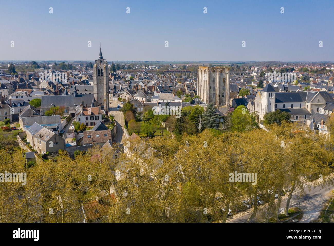 France, Loiret, Loire Valley listed as World Heritage by UNESCO, Beaugency, castle and abbey (aerial view) // France, Loiret (45), Val de Loire classé Stock Photo