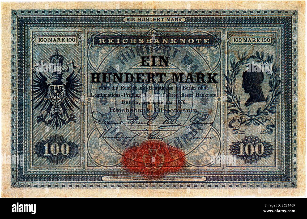 Historische Banknote, 1. Januar 1876, 100 Mark Stock Photo