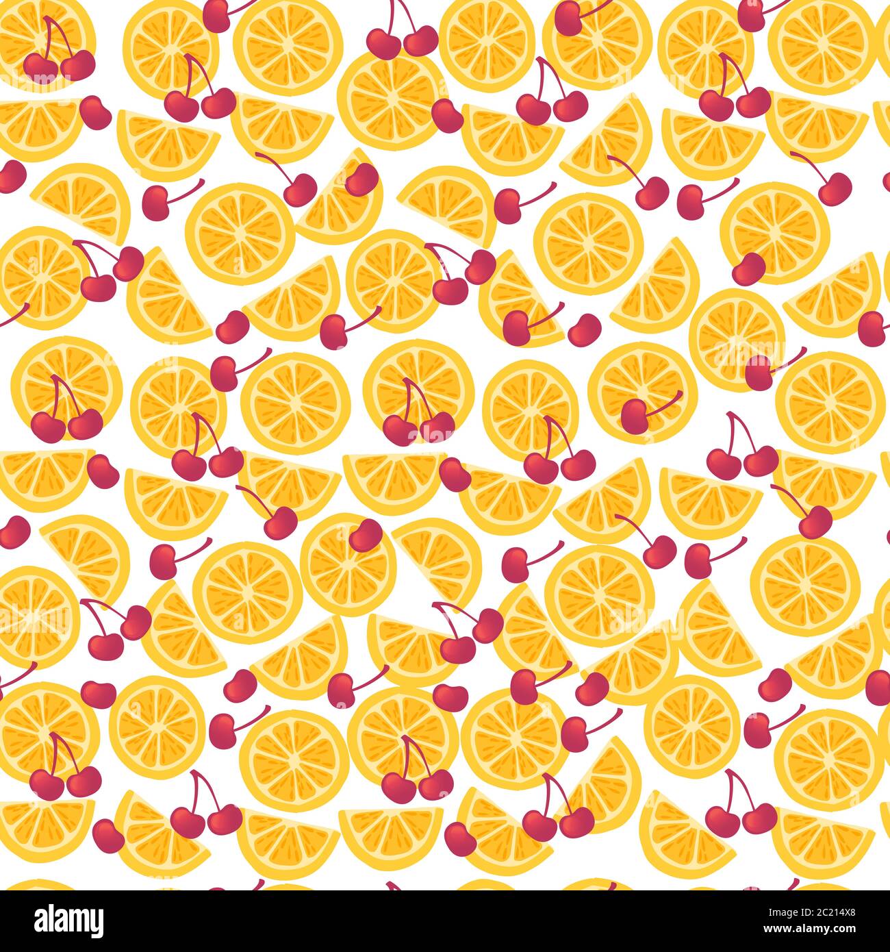 Seamless pattern of orange citrus fruit halved and sliced with red cherries berry flat vector illustration on white background Stock Vector