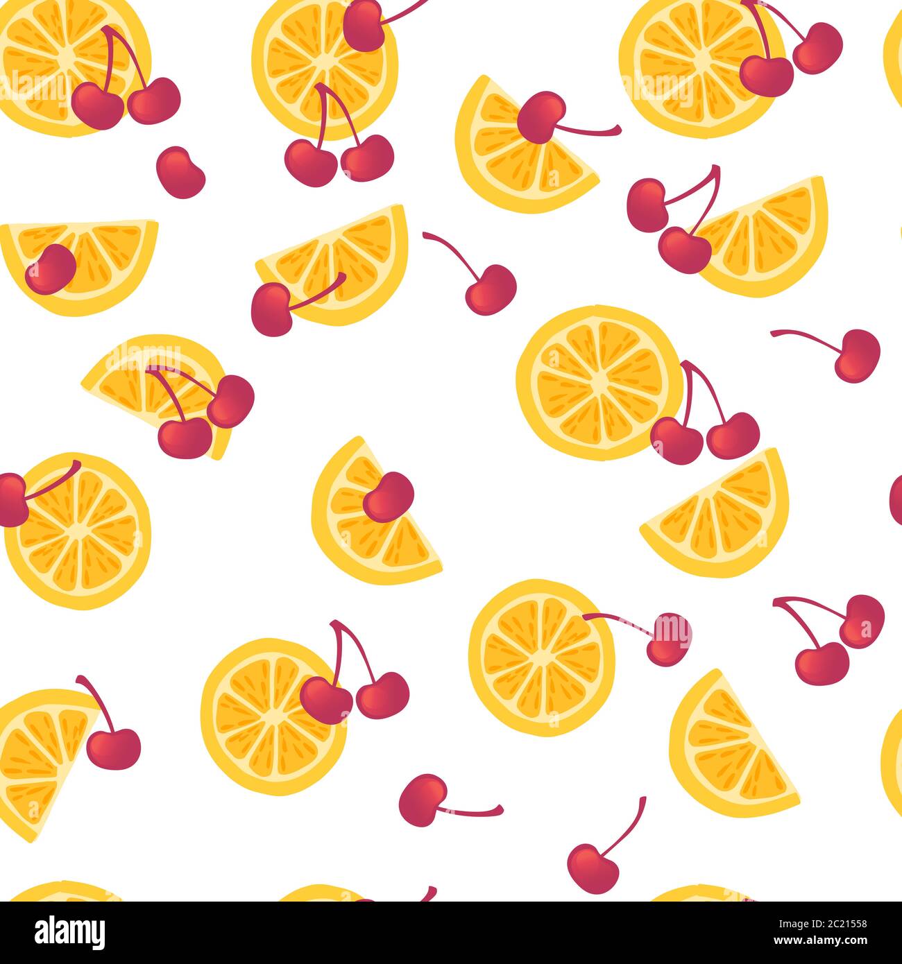 Seamless pattern of orange citrus fruit halved and sliced with red cherries berry flat vector illustration on white background Stock Vector