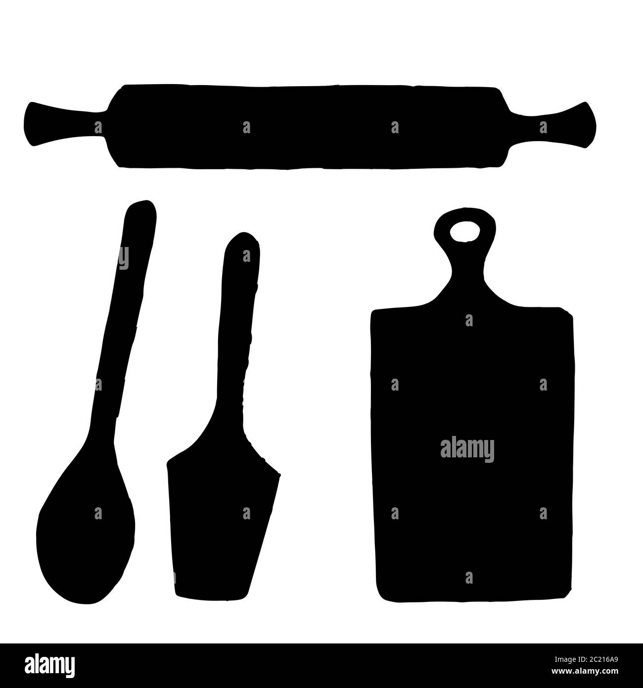 Black silhouette set of simple flat kitchenware wooden icons vector ...