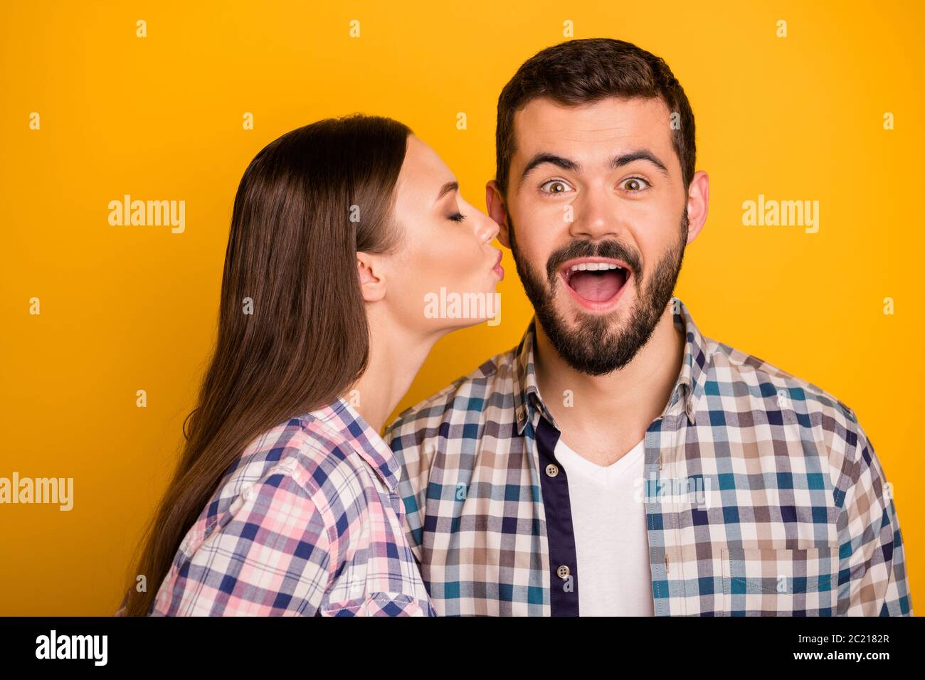 Closeup photo amazed guy couple stand close together open mouth pretty