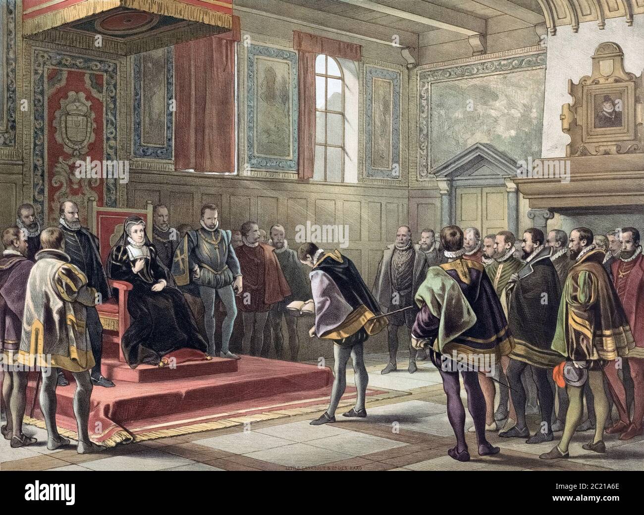 Representatives of the lesser nobility in the Habsburg Netherlands submit a petition to the Regent, Margaret of Parma.  Known as the Compromise or Covenant of Nobles it sought to have the government moderate the “placards” or ordinances against heresy imposed to suppress Protestant teachings.  After a 19th century illustration by Samuel Lankhout, after a work by Hendrik Albert van Trig. Stock Photo