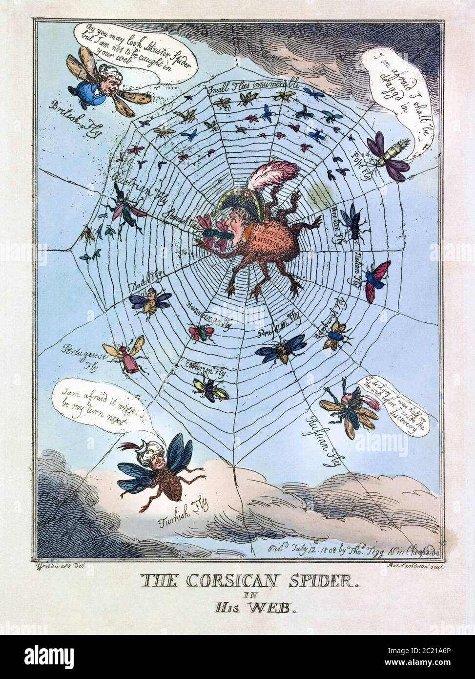 The Corsican Spider in His Web.  Political cartoon dated July 12, 1808, showing Napoleon as a spider devouring European countries trapped in his web.  From an etching by Thomas Rowlandson after a work by George Moutard Woodward. Stock Photo