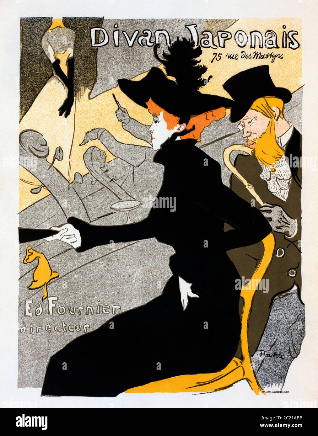 Divan Japonais.  Poster, dated circa 1893-1894 by French artist Henri de Toulouse-Lautrec, 1864-1901.  The poster was designed as an advertisement for the Divan Japonais, a Parisian café-chantant (singing cafe).  In the picture, dancer Jane Avril and author Edouard Dujardin are watching a performance by Yvette Guilbert. Stock Photo