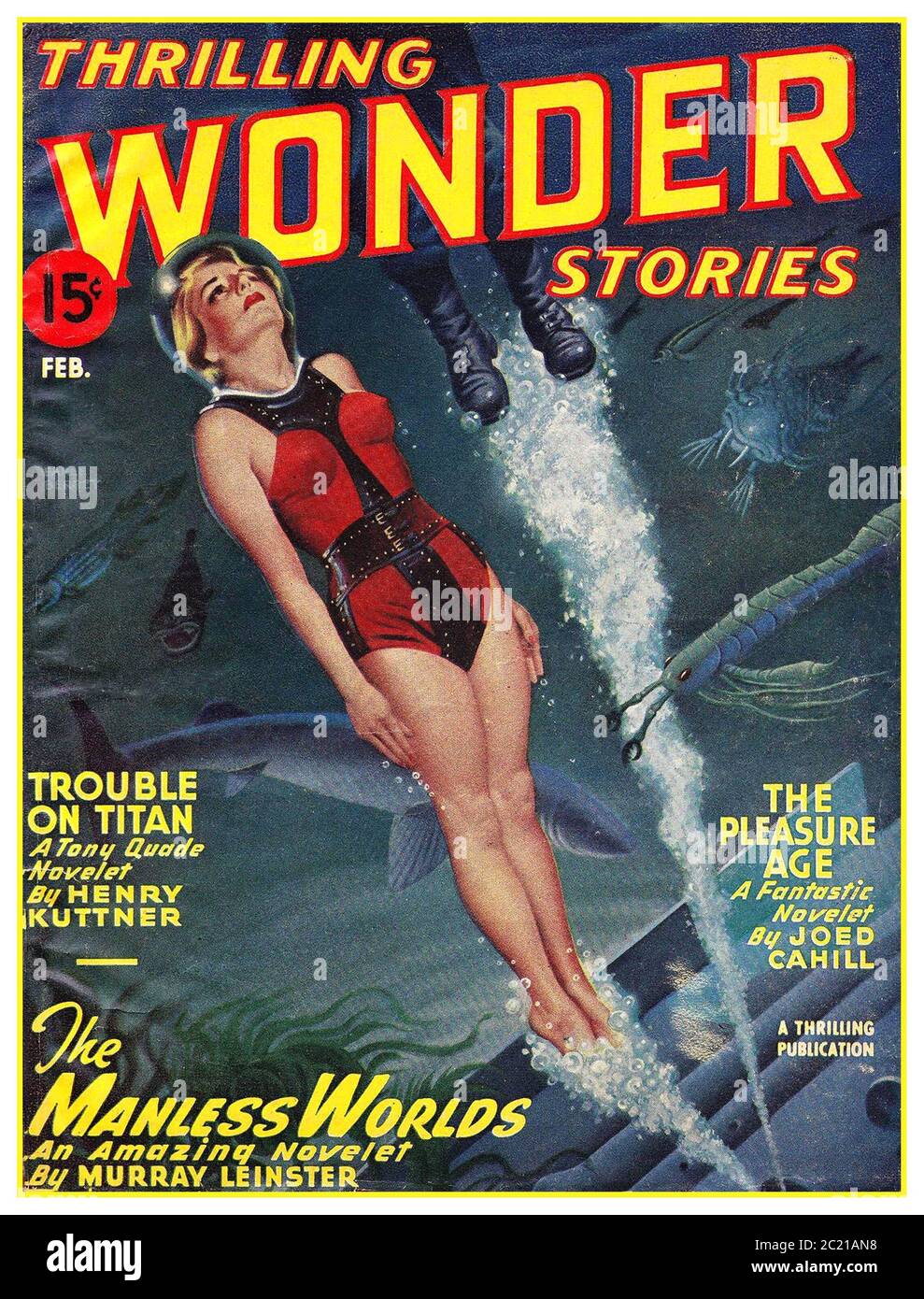 Archive magazine 1940's 'Thrilling Wonder Stories', February 1947 Cover by Earle K. Bergey featuring Trouble on Titan by Henry Kuttner,The Manless Worlds by Murray Leinster, The Pleasure Age by Joed Cahill, a Thrilling Publication Stock Photo