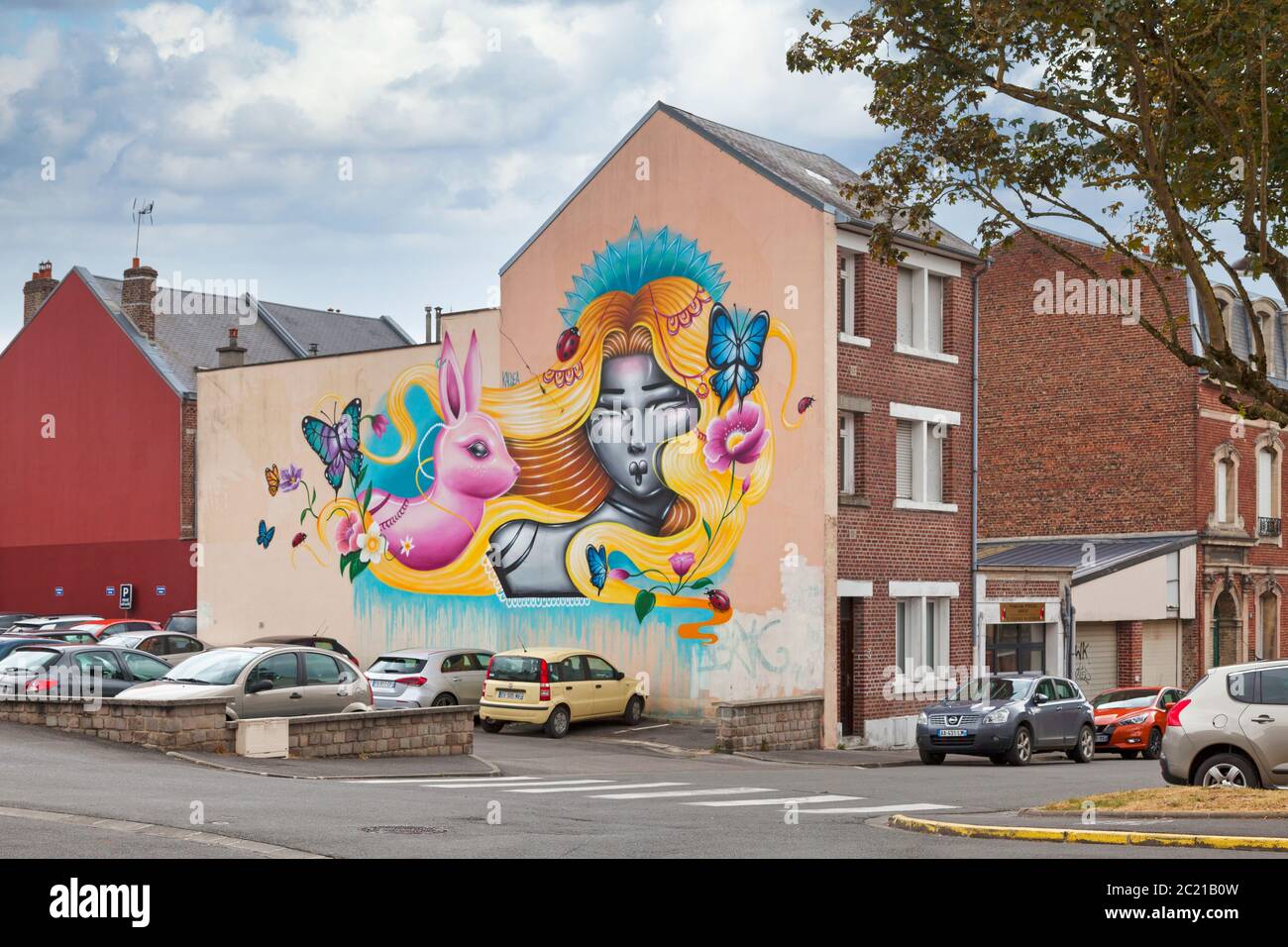Saint-Quentin, France - June 10 2020: Mural painted on a wall of the city center by artist Kaldea. Stock Photo