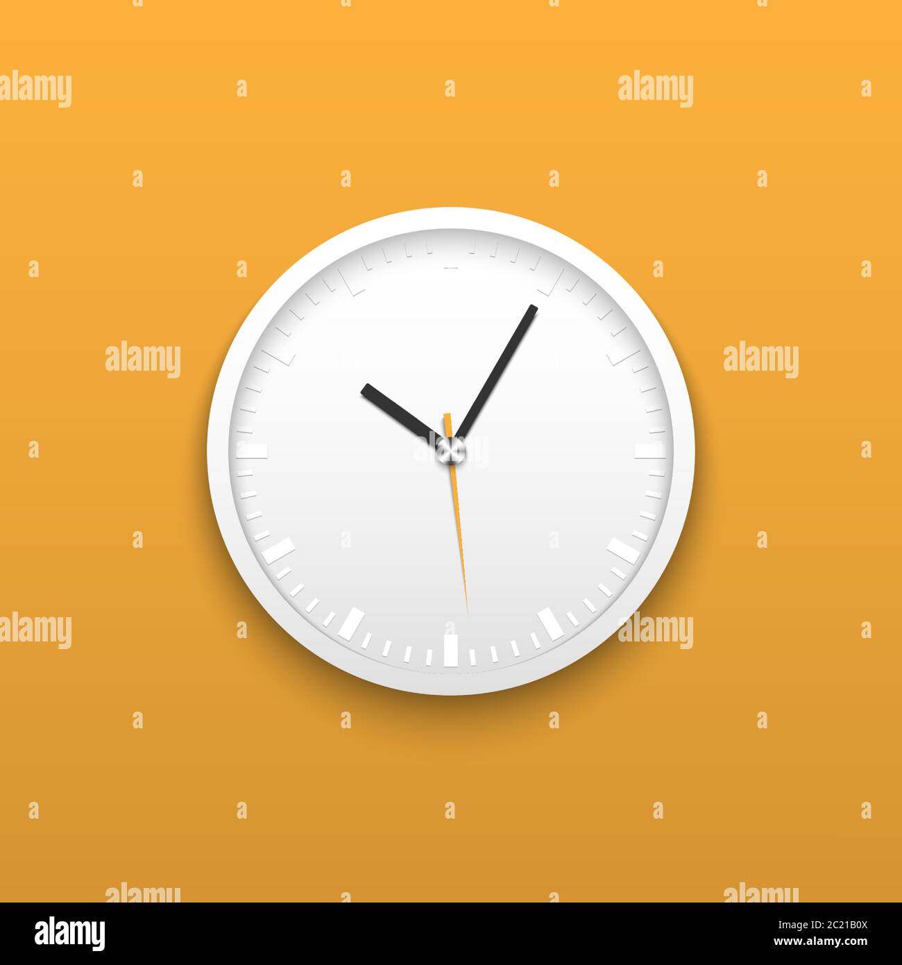 Realistic white wall office clock on yellow background, vector ...