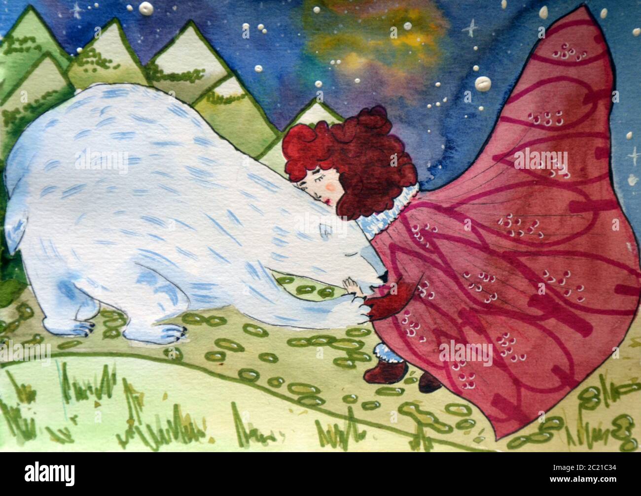 digital painting of girl hugging white bear in winter outdoor, watercolor on paper texture Stock Photo