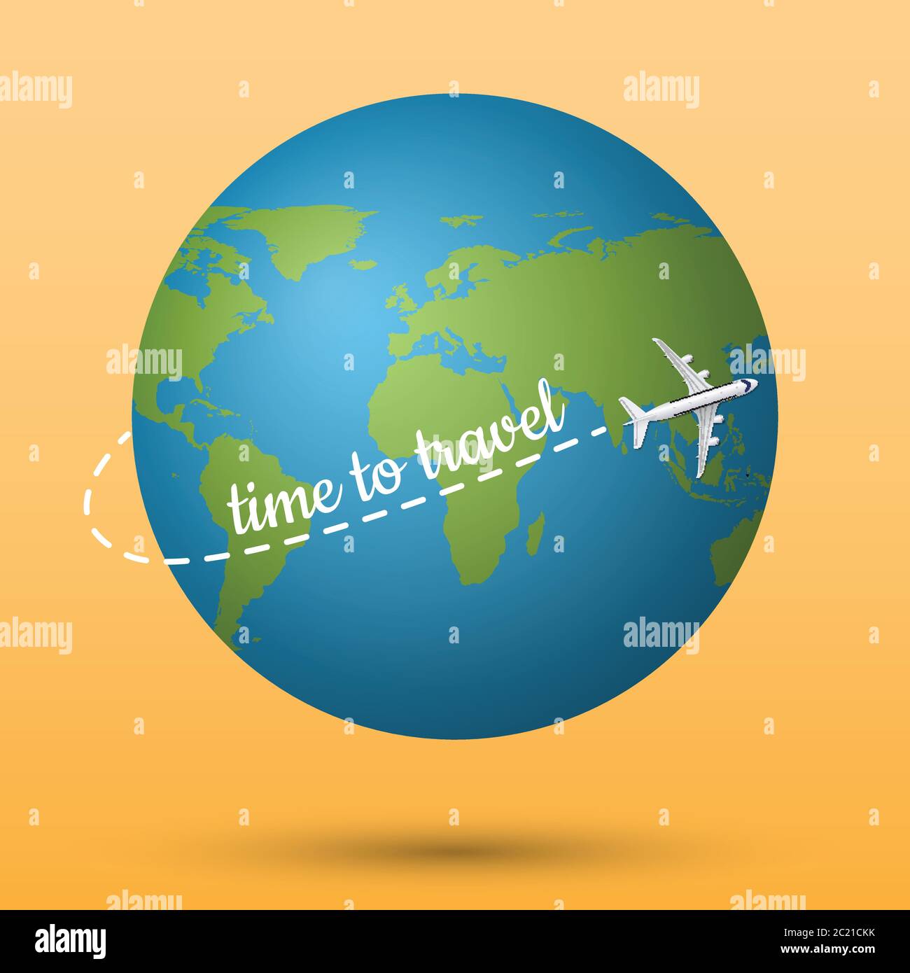 Airplane flying on the planet earth with time to travel text, travel ...