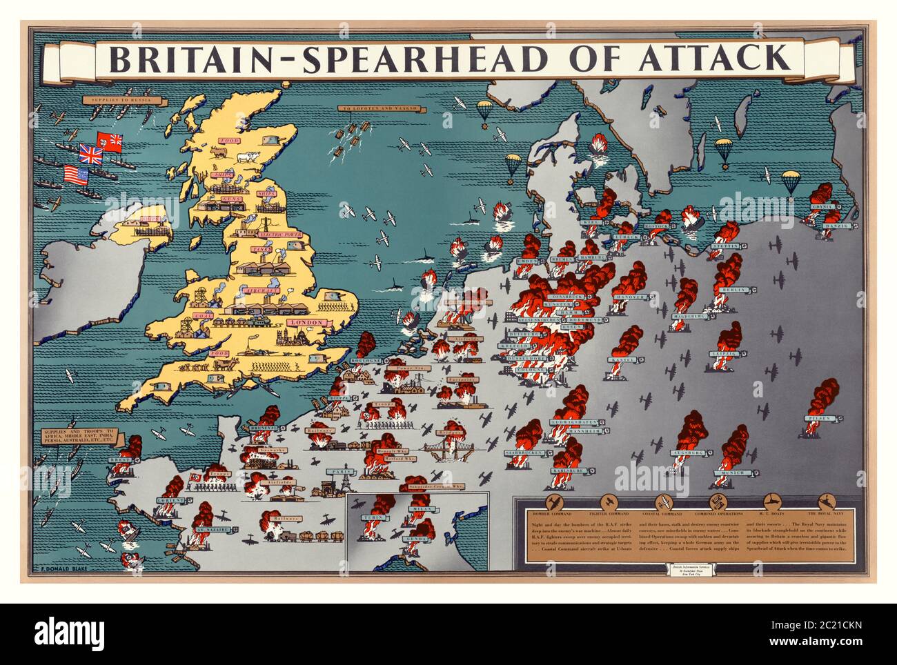 “Britain Spearhead of Attack'  WW2 1940’s Vintage Donald Blake  Illustration Map  'Britain Spearhead of Attack' Propaganda Poster of the Office of War Information. Illustration of allied air sea and land military offensives against Nazi Germany and occupied countries.  Date 1943–1945 World War II Second World War by Scottish artist Donald Blake, Stock Photo