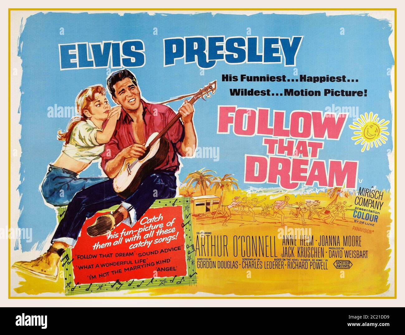 Vintage Elvis Presley Movie Film Poster Follow That Dream (1962) Starring Elvis Presley, Arthur O'Connell, Anne Helm Director: Gordon Douglas Initial release: 11 April 1962. Follow That Dream is a 1962 American musical film starring Elvis Presley made by Mirisch Productions. The movie was based on the 1959 novel Pioneer, Go Home! by Richard P. Powell. Producer Walter Mirisch liked the song Follow that Dream and retitled the picture. Stock Photo