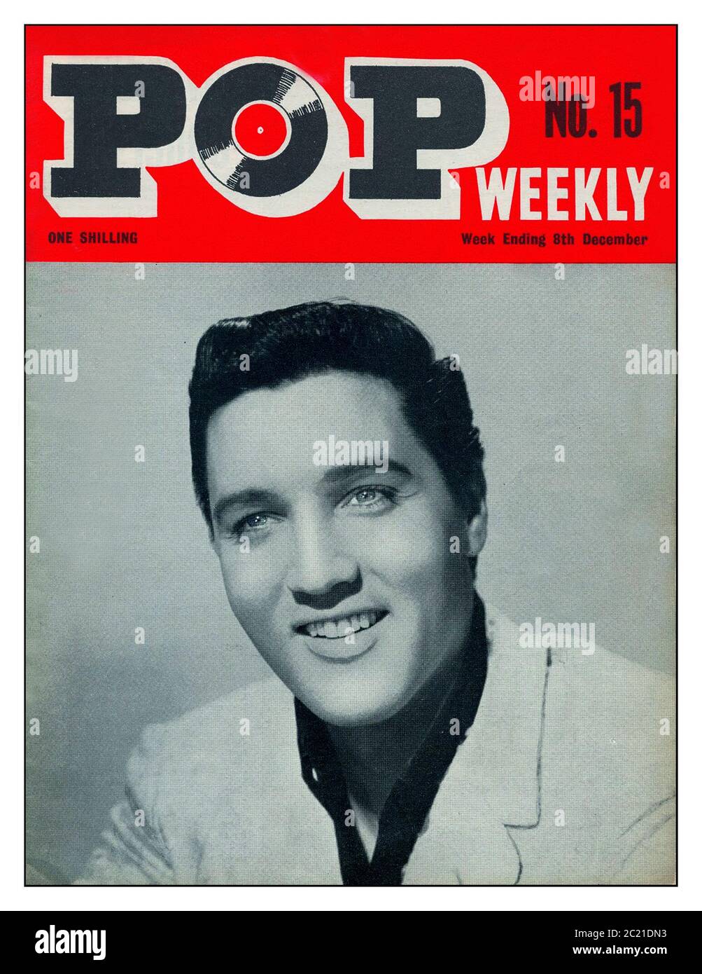 Elvis Presley Vintage 1960's British archive 'POP weekly' No 15 magazine featuring Elvis Presley promotional studio portrait front cover.  8th December 1963 priced at One Shilling £sd currency publication UK Teenagers music periodical news magazine for POP fans of the '60's Stock Photo