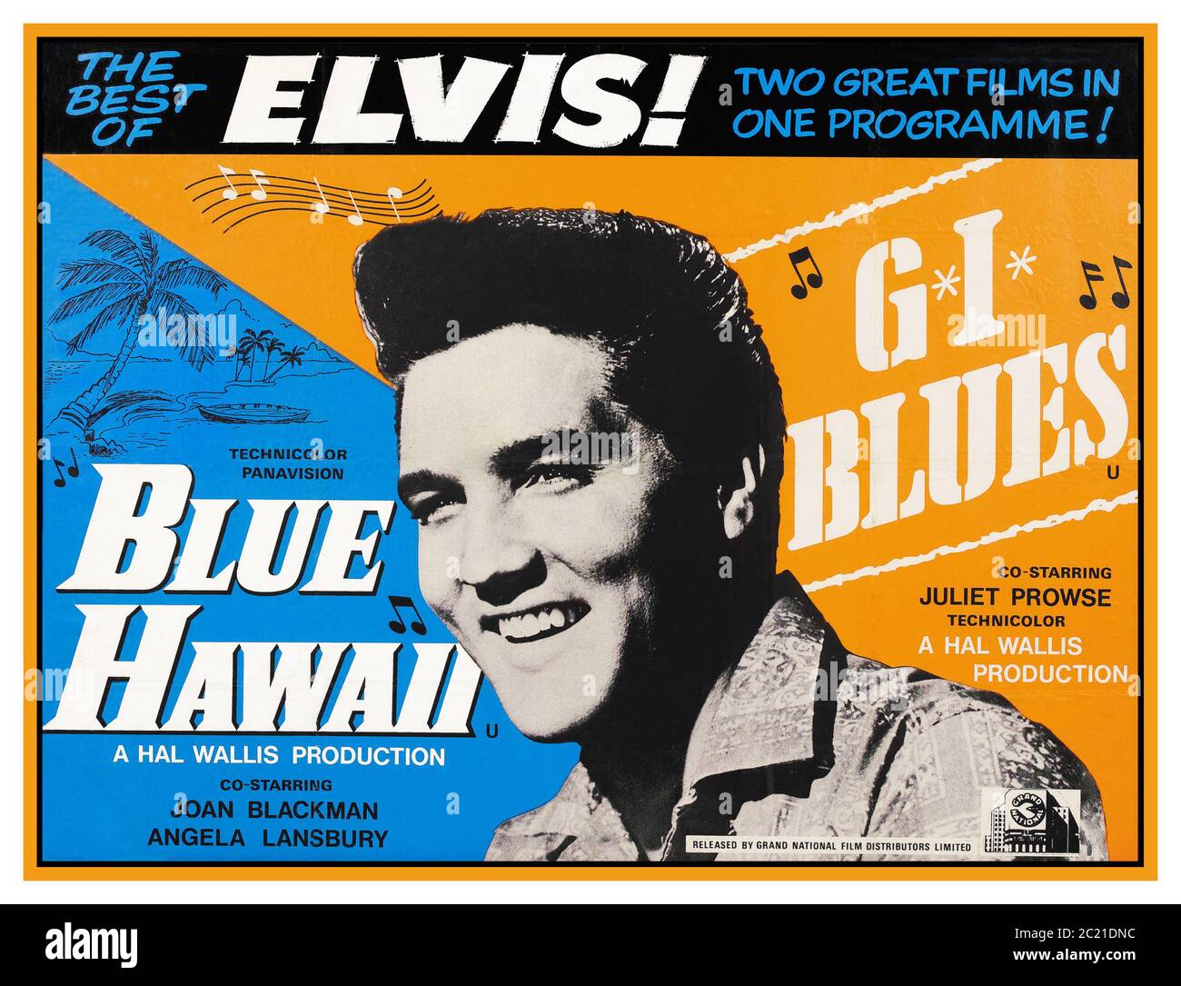 Vintage 1960's Elvis Presley Double Bill Movie Poster G I BLUES & BLUE HAWAII CINEMA UK QUAD POSTER 1960's  ''The Best of Elvis' Hal Wallis Production Starring Joan Blackman Angela Lansbury in Blue Hawaii. Juliet Prowse co stars in GI Blues Stock Photo