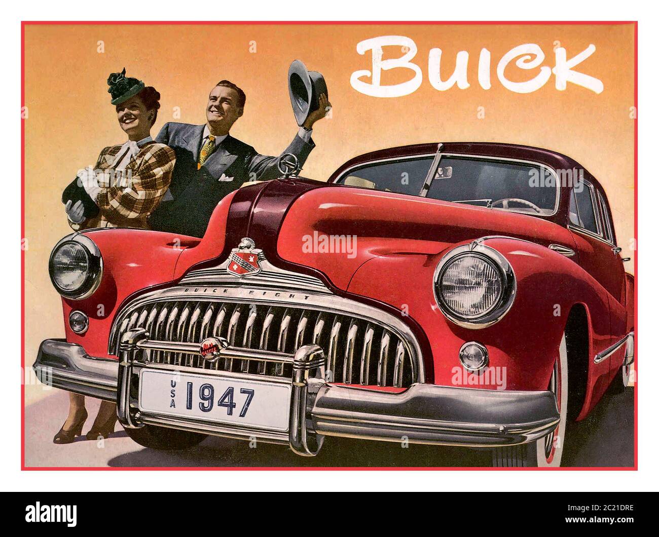 BUICK 1947 Vintage American Automobile Poster advertisement for Buick Super a full-sized automobile 248 cu in (4.1 L) 1947 Buick - Promotional Advertising Poster // Post World War II American Car Production flamboyant 1940's fashion style America USA Stock Photo